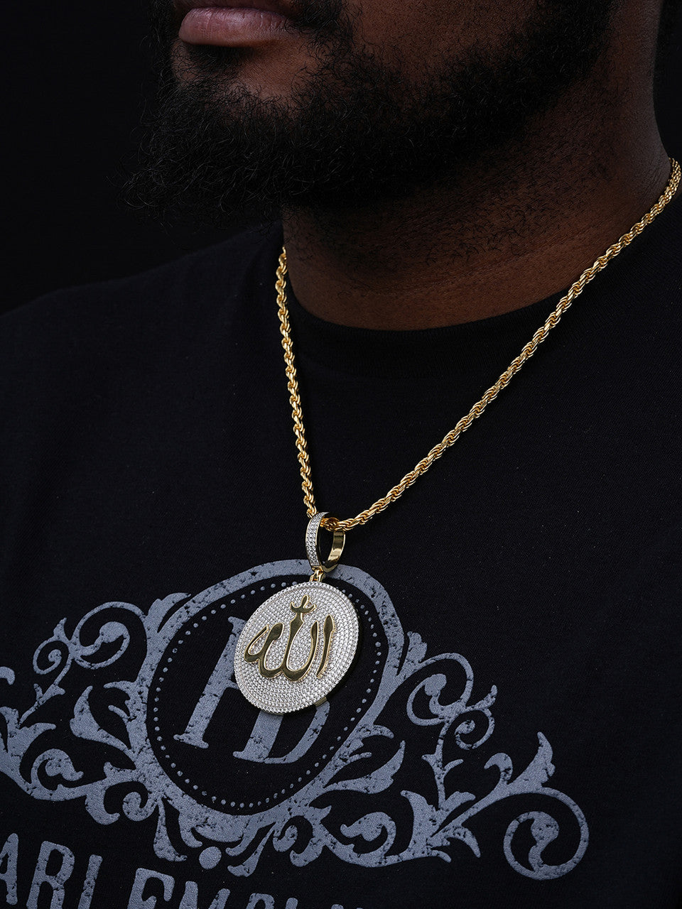 MOISSANITE Allah Medallion Arabic Iced Out Pendant - 14k Gold Vermeil Or 925 Silver - Large 2.75"