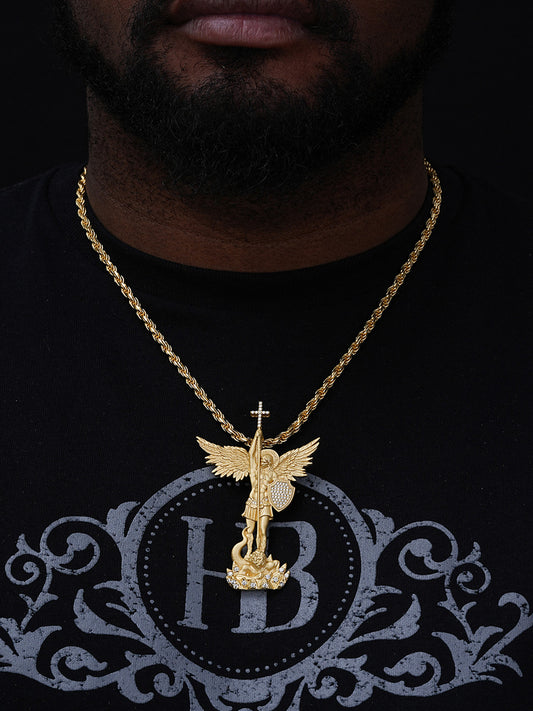 MOISSANITE Saint Michael Slaying Dragon Archangel Pendant - Sandblasted Matte Finish 14k Gold Vermeil 925 Silver - 3 Sizes 1"-3"