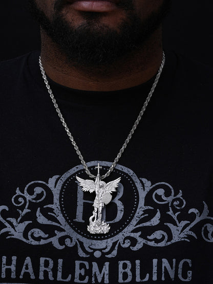 MOISSANITE Saint Michael Slaying Dragon Archangel Pendant - Sandblasted Matte Finish 925 Silver - 3 Sizes 1"-3"