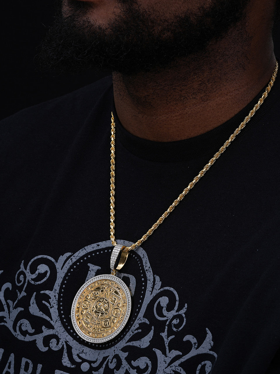 MOISSANITE Aztec Mayan Calendar Sun God Pendant - 14k Gold Vermeil Or 925 Silver - Large 2.5"