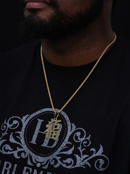 Real 925 Silver / 14k Gold Plated Chinese FU Symbol Good Luck Fortune 2" Pendant