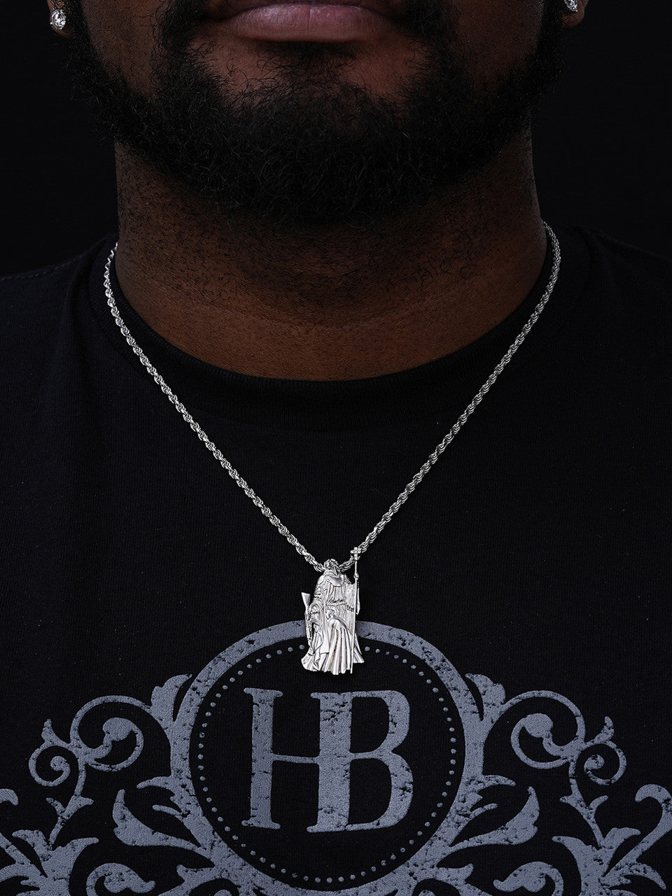 MOISSANITE Santa Muerte Grim Reaper Pendant W. AK47 - 14k Yellow Gold Vermeil Or 925 Silver - Medium 2"