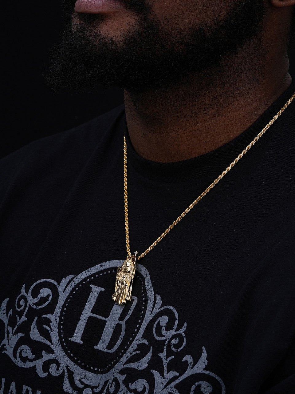 MOISSANITE Santa Muerte Grim Reaper Pendant W. AK47 - 14k Yellow Gold Vermeil Or 925 Silver - Medium 2"