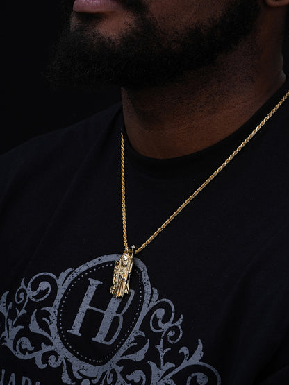 MOISSANITE Santa Muerte Grim Reaper Pendant W. AK47 - 14k Yellow Gold Vermeil Or 925 Silver - Medium 2"