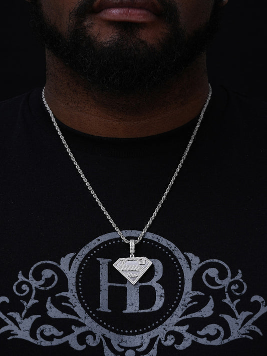 MOISSANITE SUPERMAN Hip Hop Logo Pendant - 14k Gold Vermeil Or 925 Silver - Small 1.5"