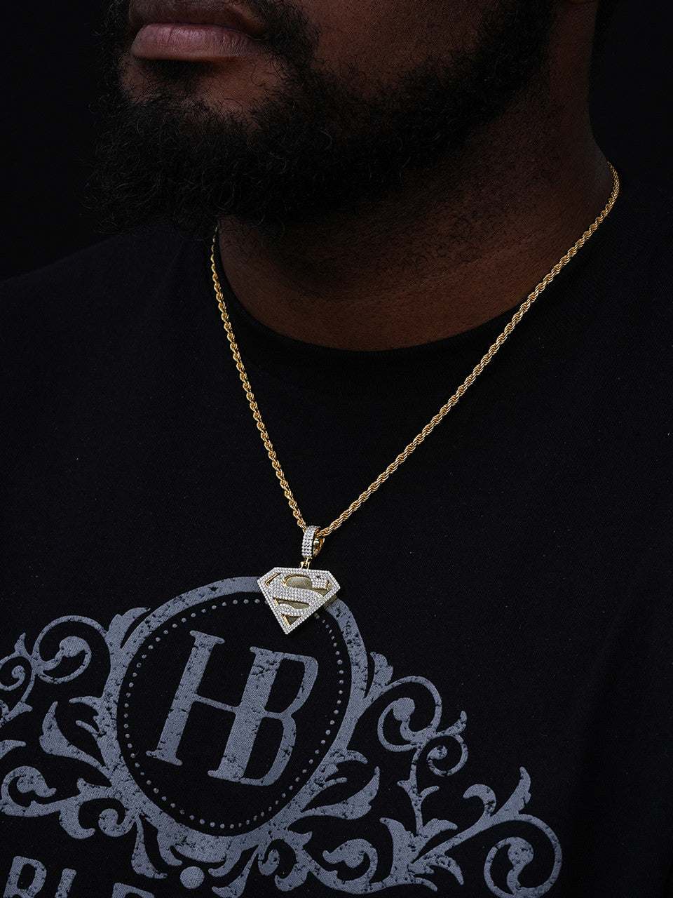 MOISSANITE SUPERMAN Hip Hop Logo Pendant - 14k Gold Vermeil Or 925 Silver - Small 1.5"