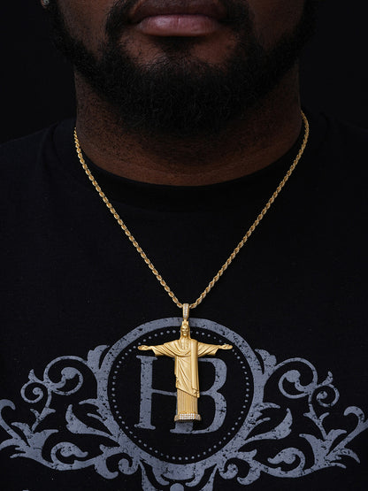 MOISSANITE Christ The Redeemer 925 Silver/ Yellow Rose Gold Necklace Jesus Piece