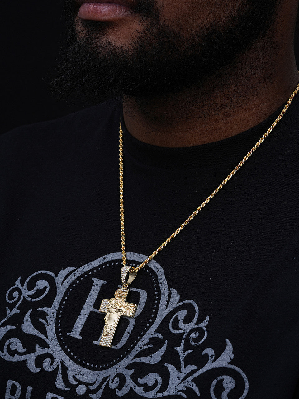 MOISSANITE Jesus Face On Cross Pendant - 14k Yellow/Rose Gold Vermeil Or 925 Silver - Large 2.5"