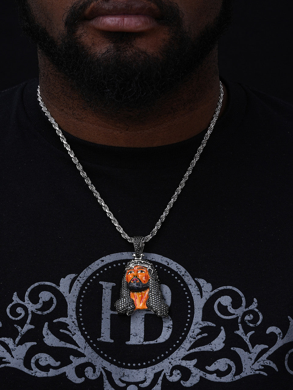 Black MOISSANITE Enamel Jesus Pendant - 14k Gold Vermeil Or 925 Silver - Large 2.5"