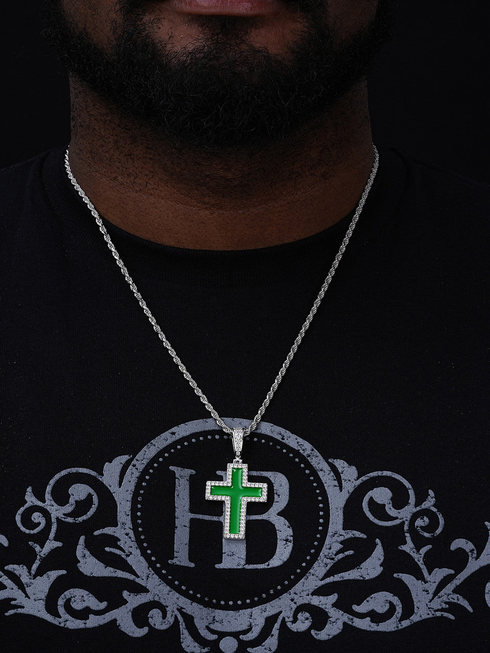 MOISSANITE Cross Green Enamel Pendant - 925 Silver - 3 Sizes - 1.25"-2.75"