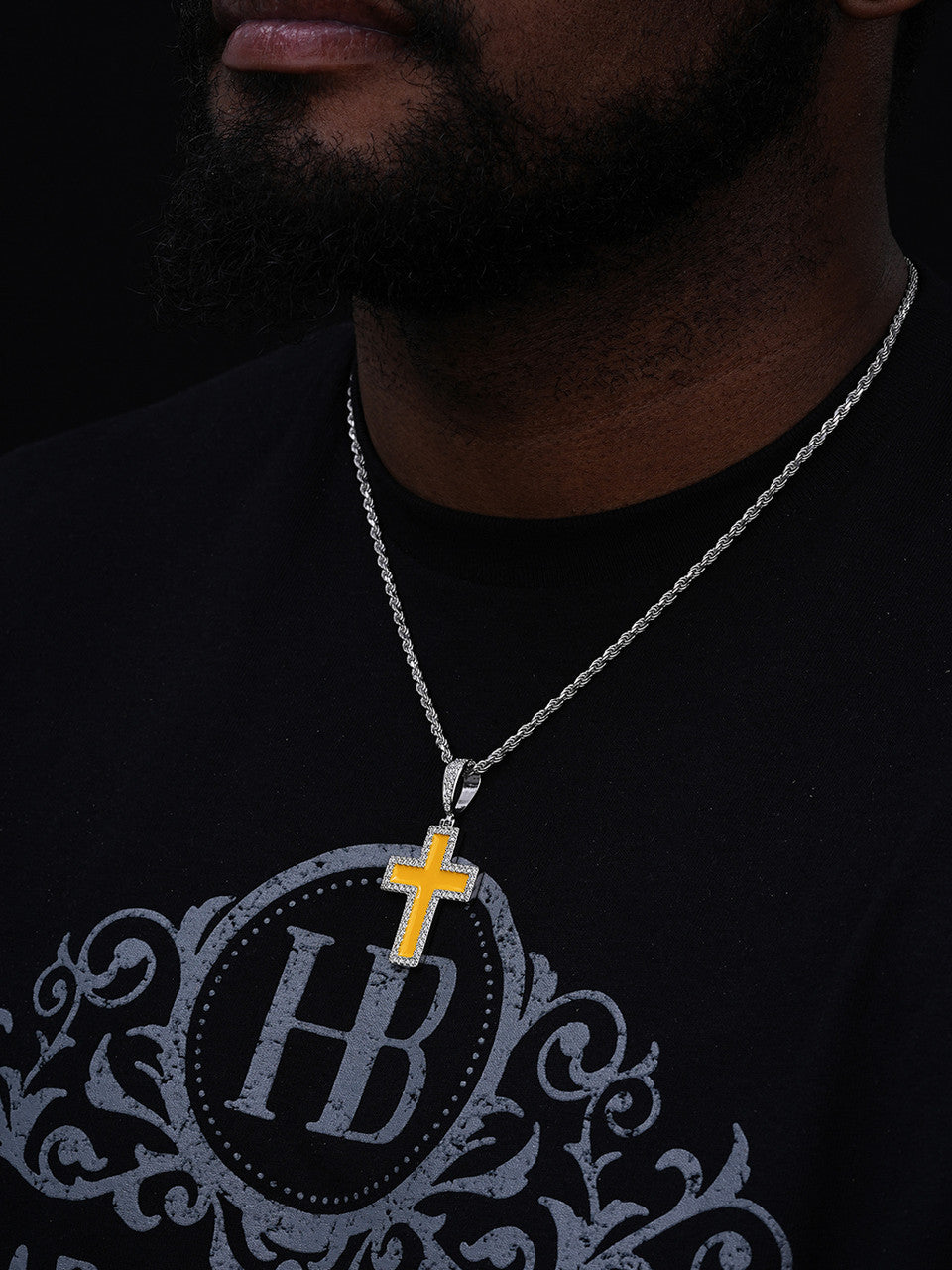 MOISSANITE Cross Yellow Enamel Pendant - 925 Silver - 3 Sizes - 1.25"-2.75"