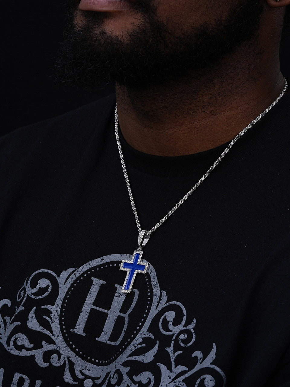 MOISSANITE Cross Navy Blue Enamel Pendant - 925 Silver - 3 Sizes - 1.25"-2.75"