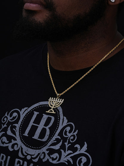 MOISSANITE Iced Jewish Menorah Hebrew Israelite Pendant - 14k Gold Vermeil Or 925 Silver - Medium 1.5"