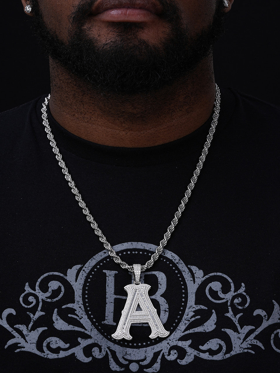 MOISSANITE A - Z Initials Gothic Letter Iced Out Pendant - 925 Silver - Large 2.75"