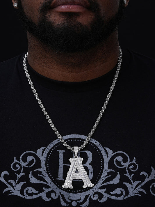 MOISSANITE A - Z Initials Gothic Letter Iced Out Pendant - 925 Silver - Large 2.75"