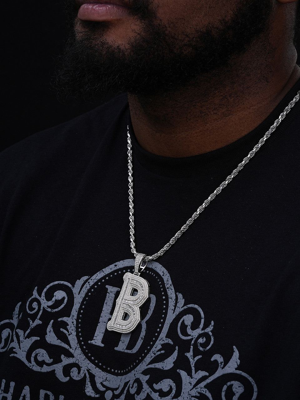 MOISSANITE A - Z Initials Gothic Letter Iced Out Pendant - 925 Silver - Large 2.75"