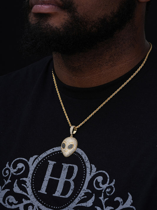 MOISSANITE Iced Alien Head UFO Emoji Pendant - 14k Gold Vermeil Or 925 Silver - Medium 2"