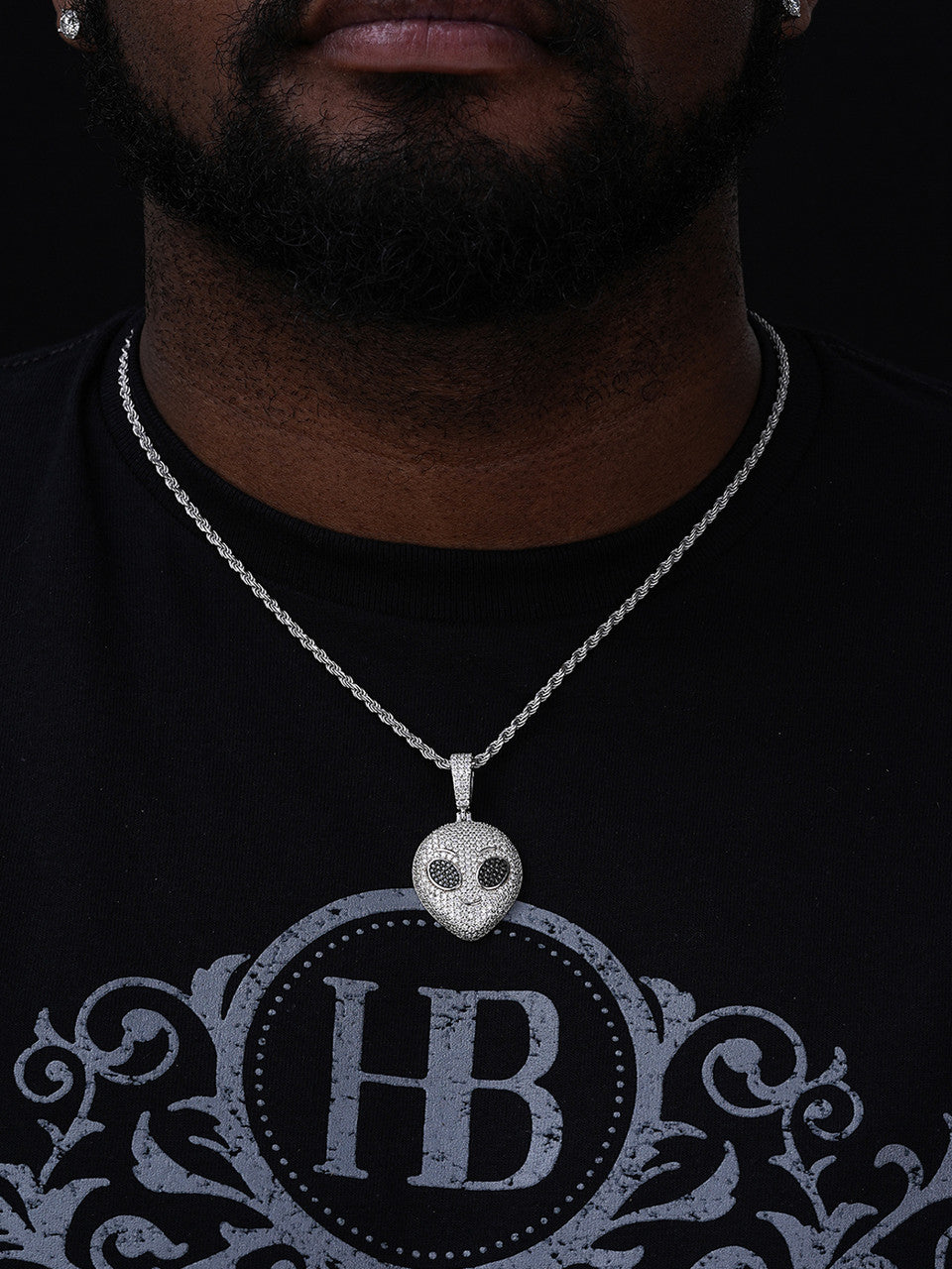 MOISSANITE Iced Alien Head UFO Emoji Pendant - 14k Gold Vermeil Or 925 Silver - Medium 2"