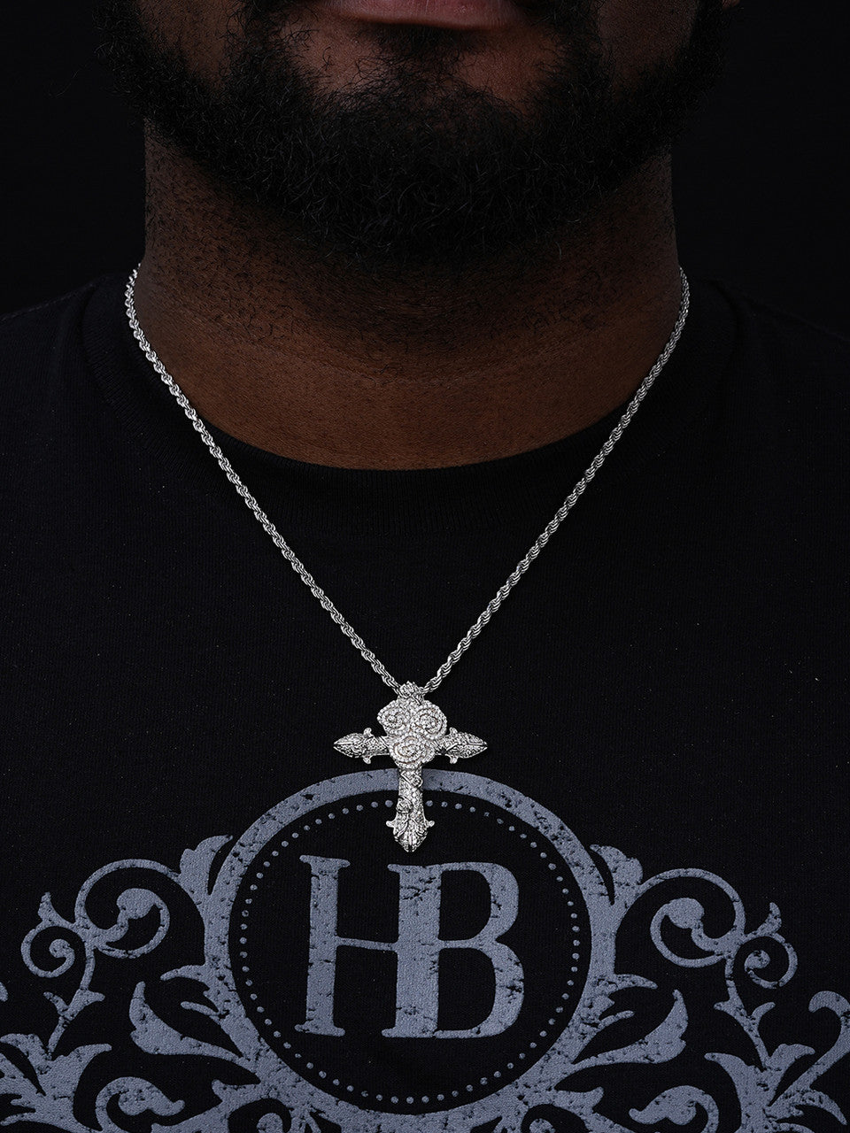 MOISSANITE Cross W. Rose Thorns Pendant Iced Necklace Real 925