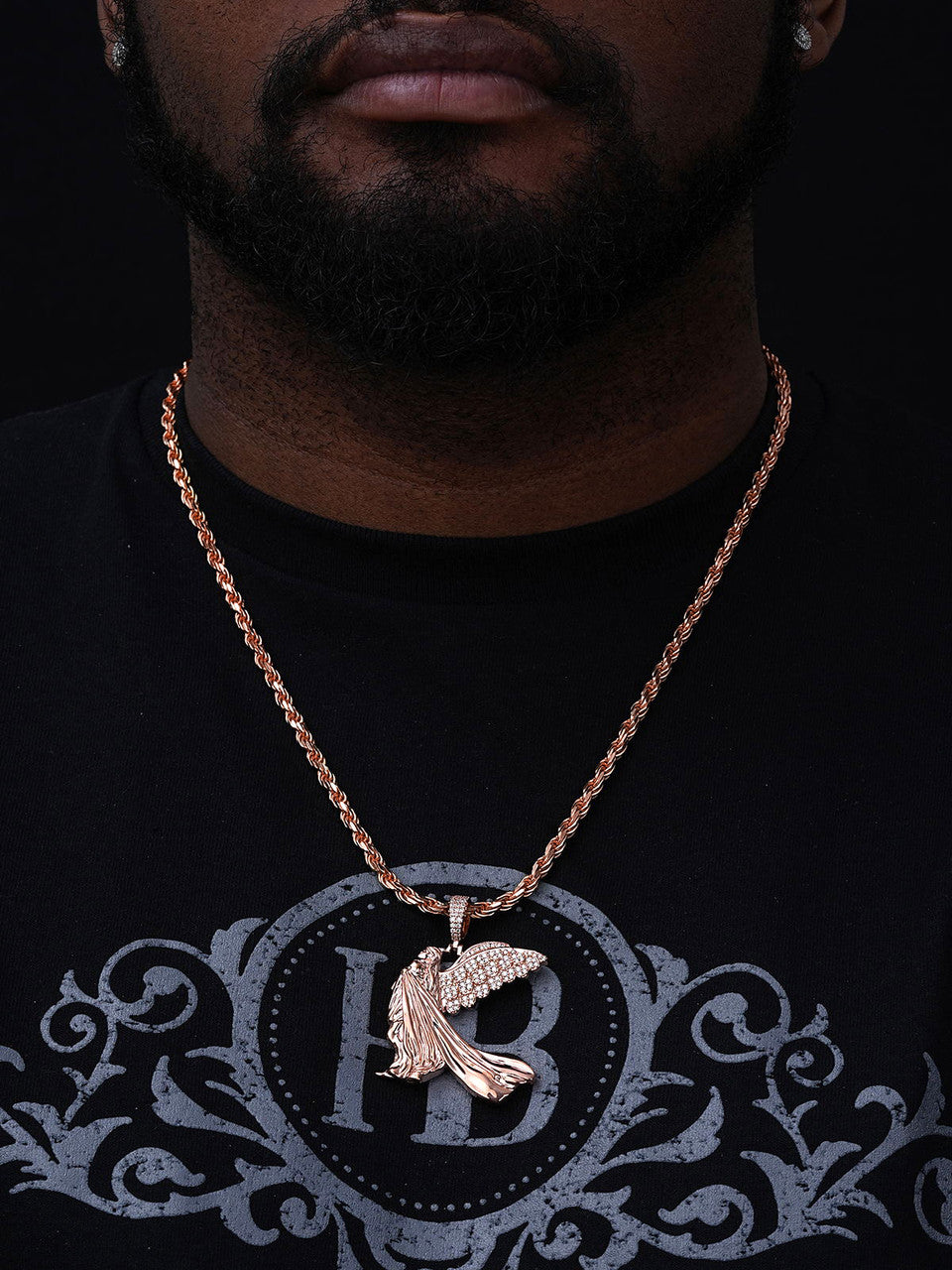 MOISSANITE Guardian Angel Wing Pendant - 14k Rose Vermeil 925 Silver  - 3 Sizes 1"-2.25"