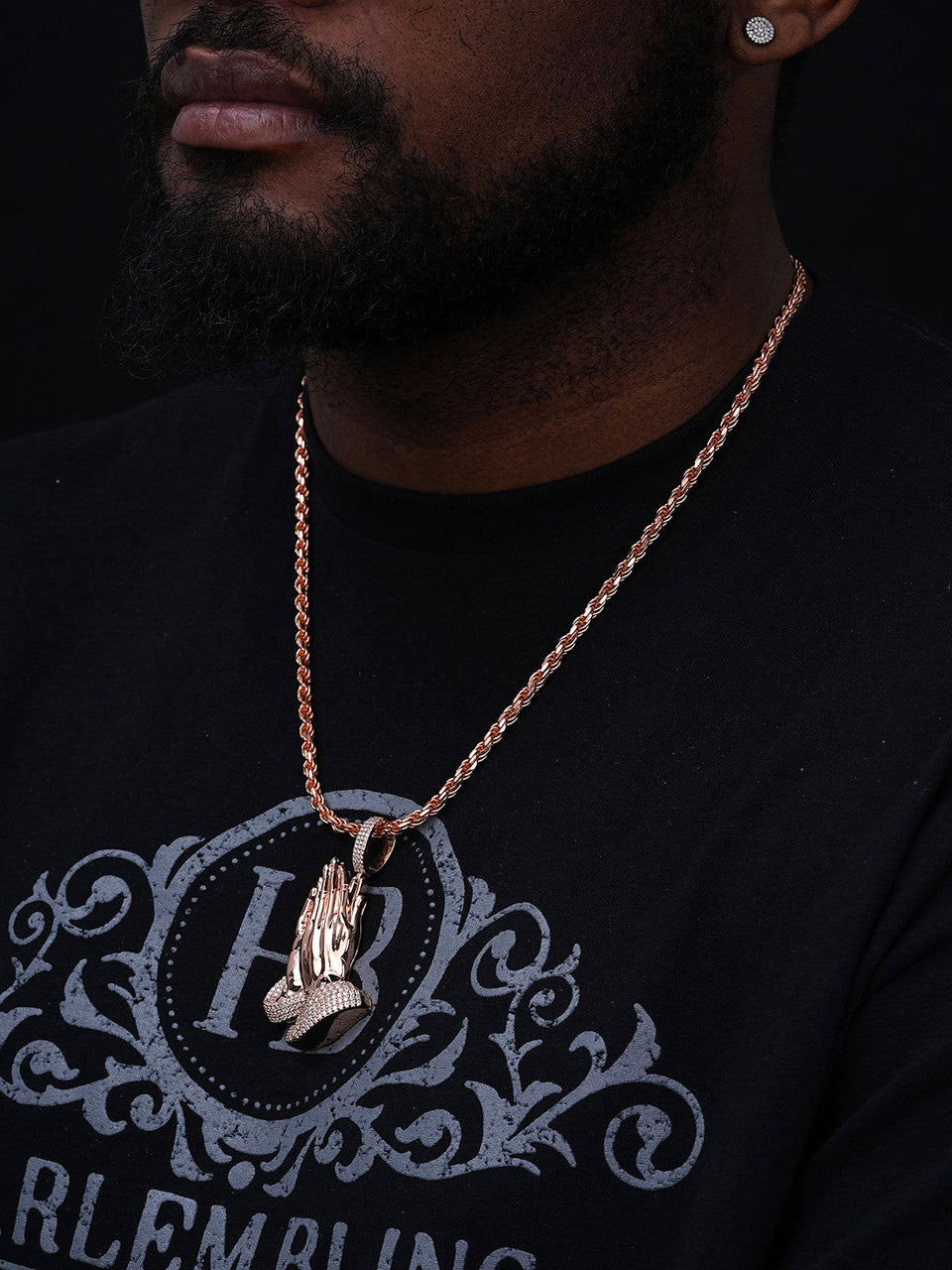 MOISSANITE Praying Folded Hands Religious Pendant - 14k Rose Gold Vermeil 925 Silver - 3 Sizes 1.25"-2.75"