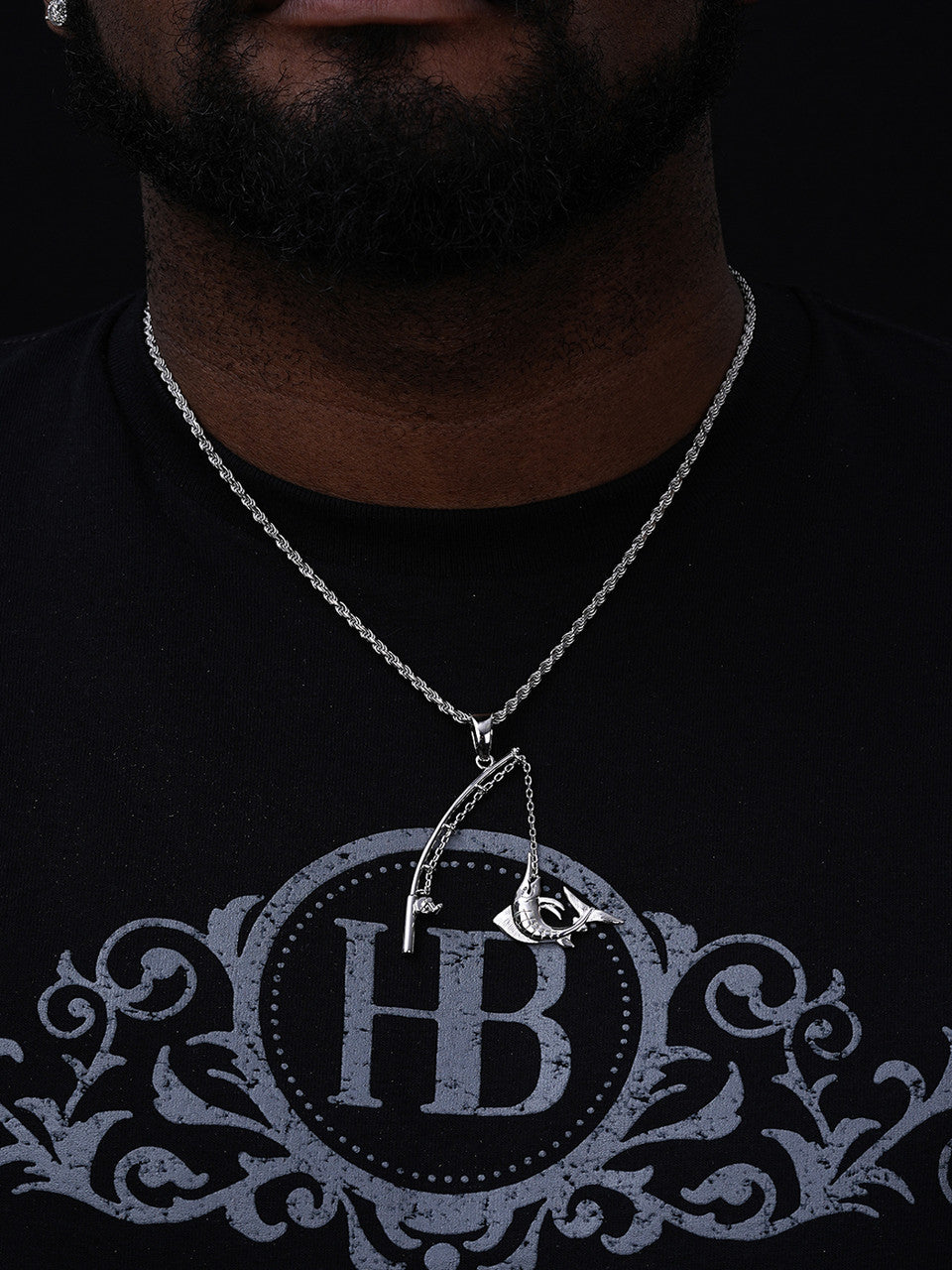 Real Large Mens 925 Silver / Gold Fishing Pendant Rod & Marlin Fish Necklace