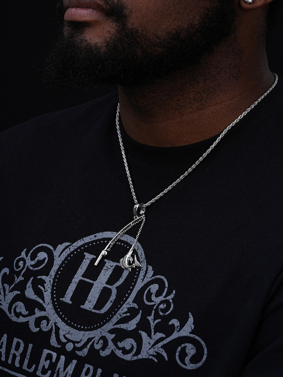 Real Large Mens 925 Silver / Gold Fishing Pendant Rod & Marlin Fish Necklace