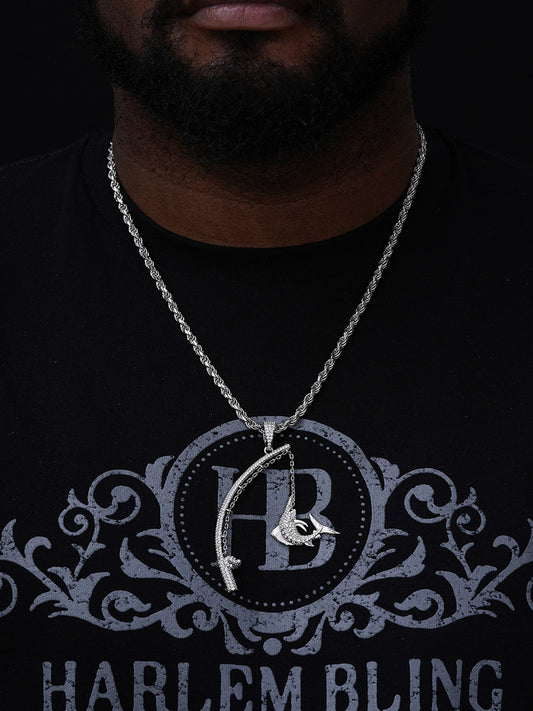 MOISSANITE Fishing  Rod & Fish Pendant - 14k Gold Vermeil Or 925 Silver - Medium 2"