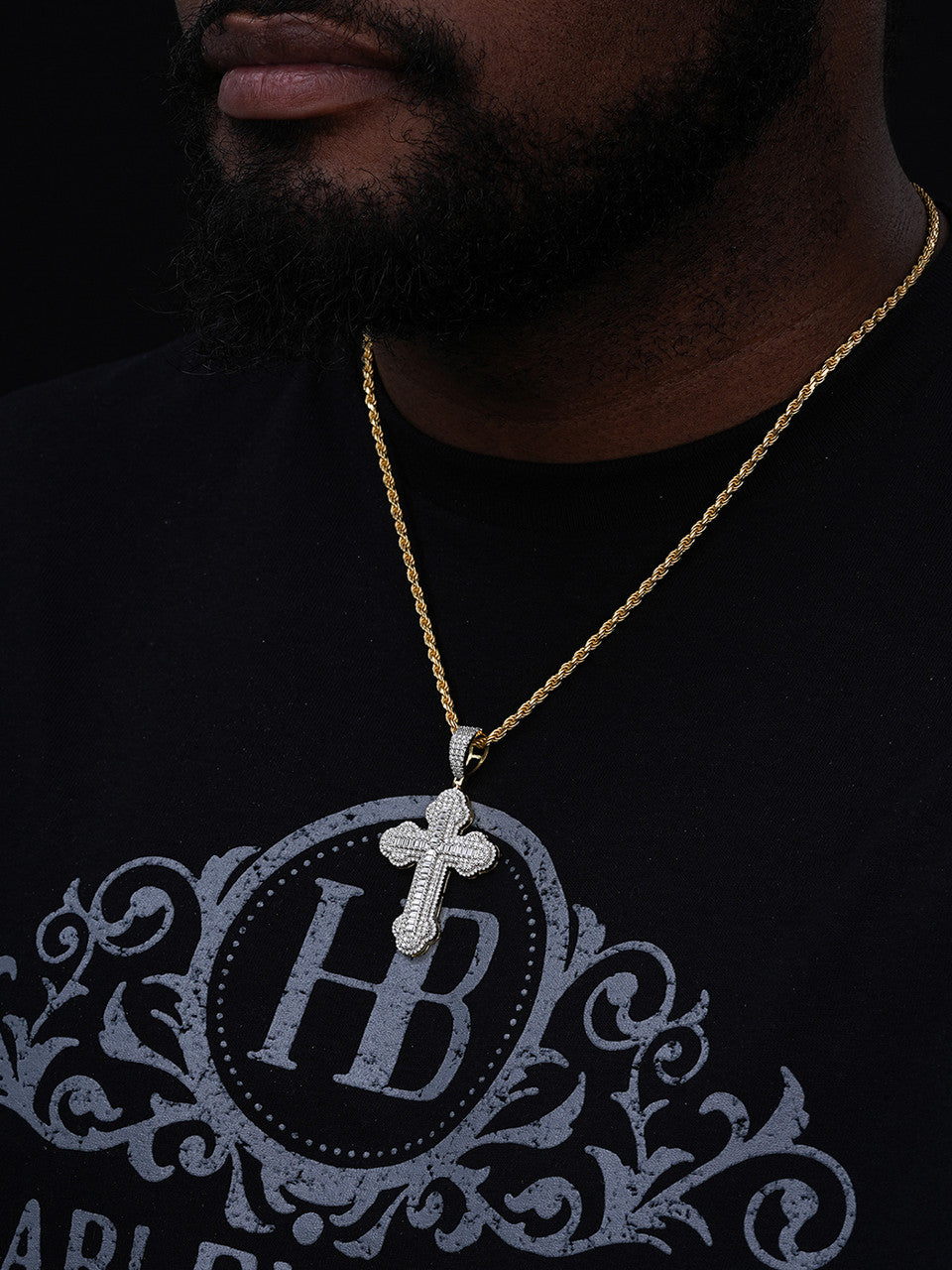 MOISSANITE Iced Gothic Baguette Cross Pendant - 14k Gold Vermeil or 925 Silver - Medium 2.25"