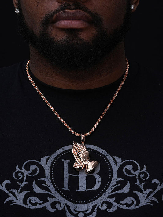Praying Folded Hands Religious Pendant - 14k Rose Gold Vermeil 925 Silver - 3 Sizes 1.25"-2.75"