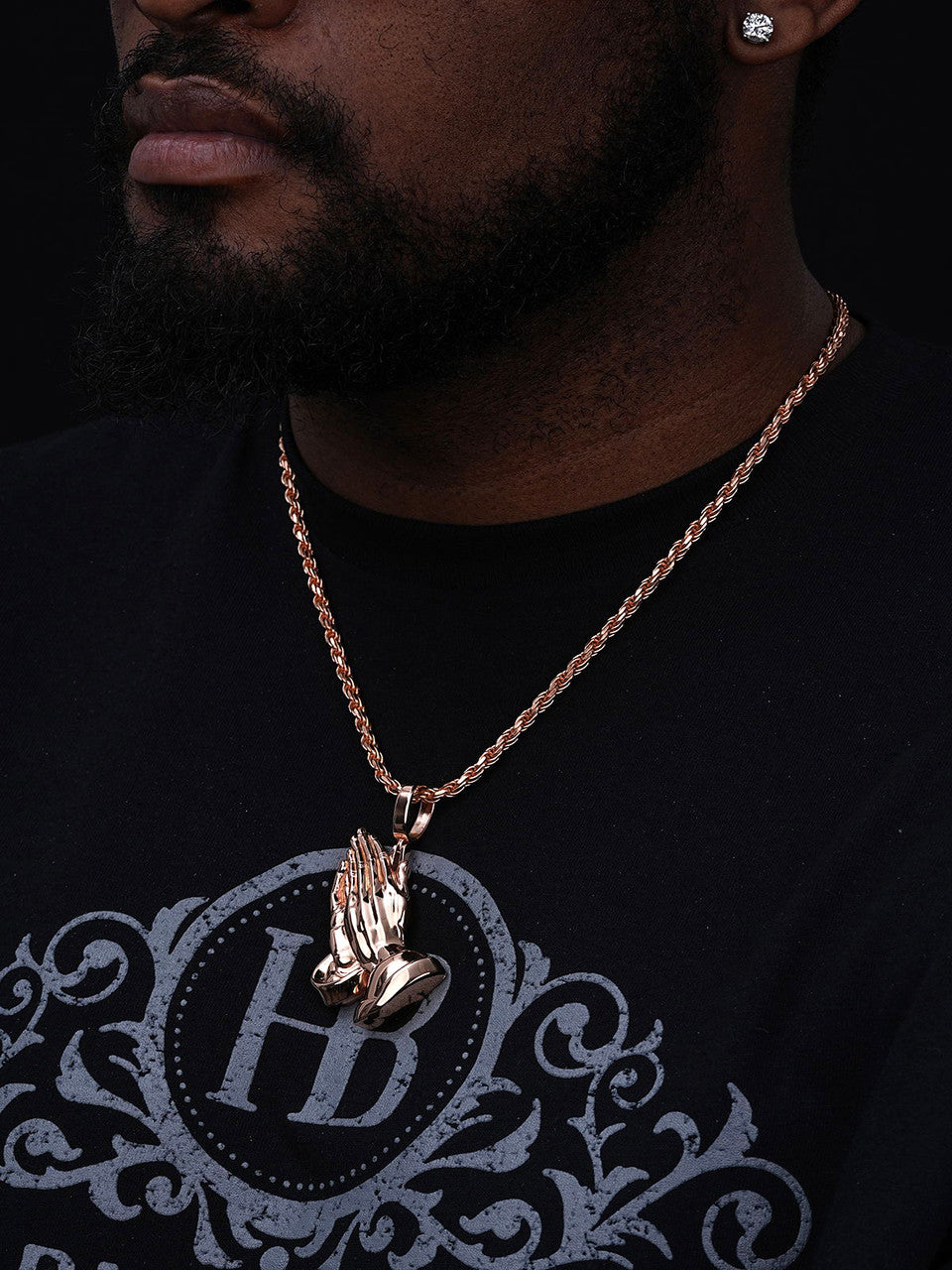 Praying Folded Hands Religious Pendant - 14k Rose Gold Vermeil 925 Silver - 3 Sizes 1.25"-2.75"