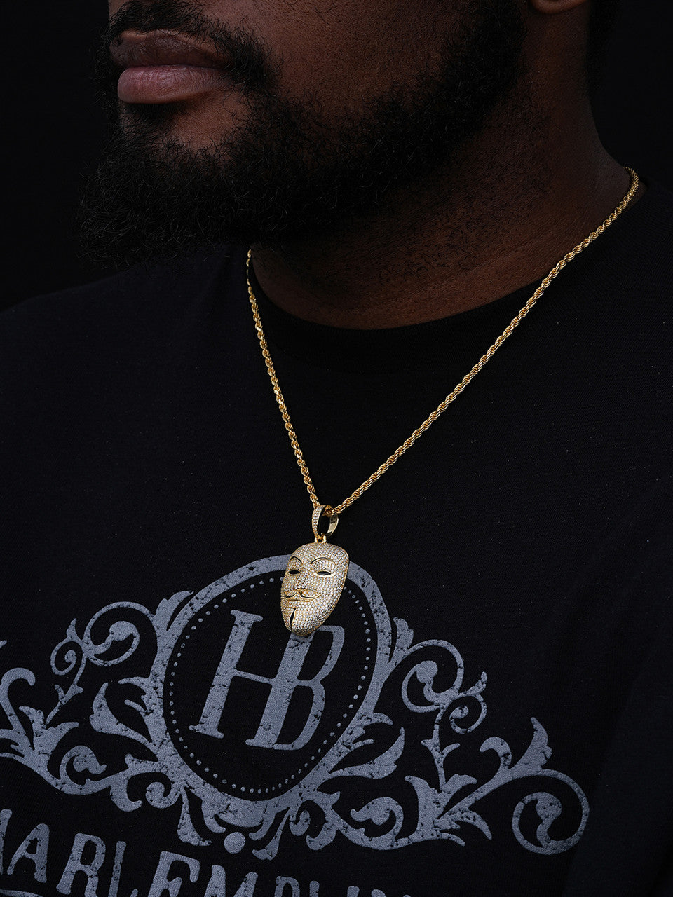 MOISSANITE Anonymous Vendetta Mask Iced Out Pendant - 14k Gold Vermeil Or 925 Silver - Medium 2"