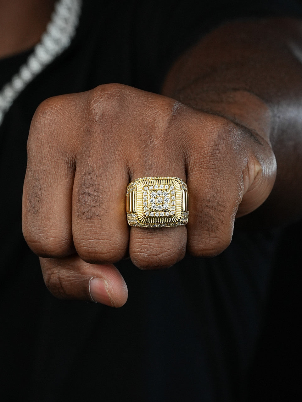 MOISSANITE Heavy Square Iced Out Ring - 14k Yellow Gold Vermeil 925 Silver