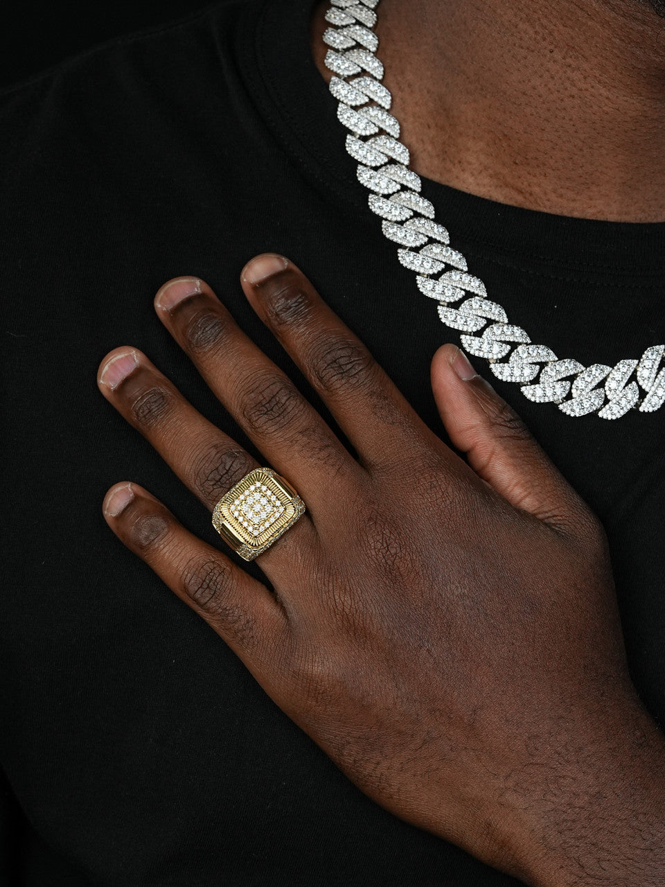 MOISSANITE Heavy Square Iced Out Ring - 14k Yellow Gold Vermeil 925 Silver