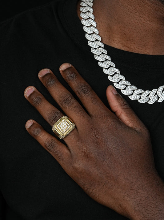 MOISSANITE Heavy Square Iced Out Ring - 14k Yellow Gold Vermeil 925 Silver