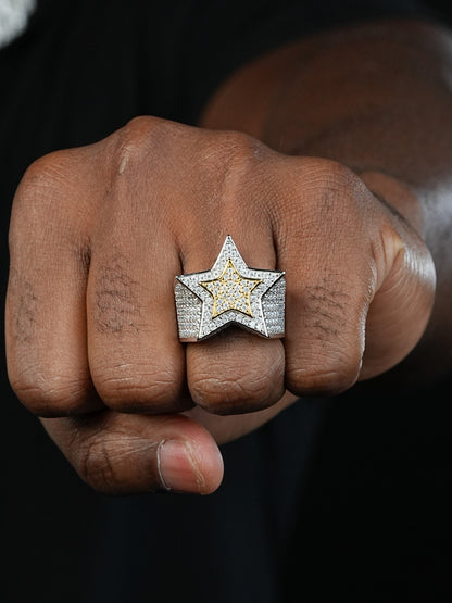 Double Superstar Rapper Ring - 925 Silver Two Tone W. Gold- CZ Stones