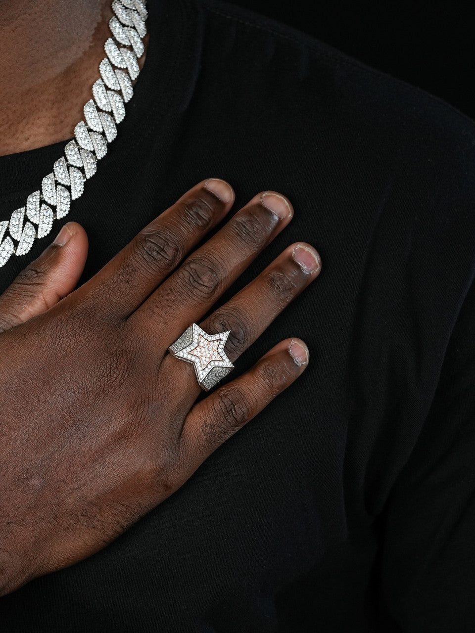 Men's Hip Hop 3D STAR Solid Rose Gold & 925 Silver Diamond Pinky