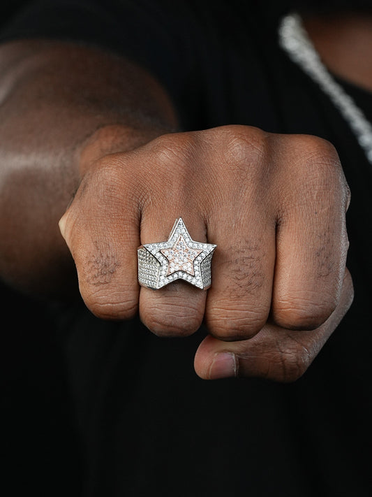 Double Superstar Rapper Ring - 925 Silver Two Tone W. Rose Gold- CZ Stones