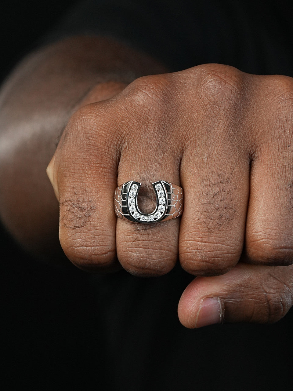 Men's Real Solid 925 Sterling Silver Lucky Horseshoe Ring Iced