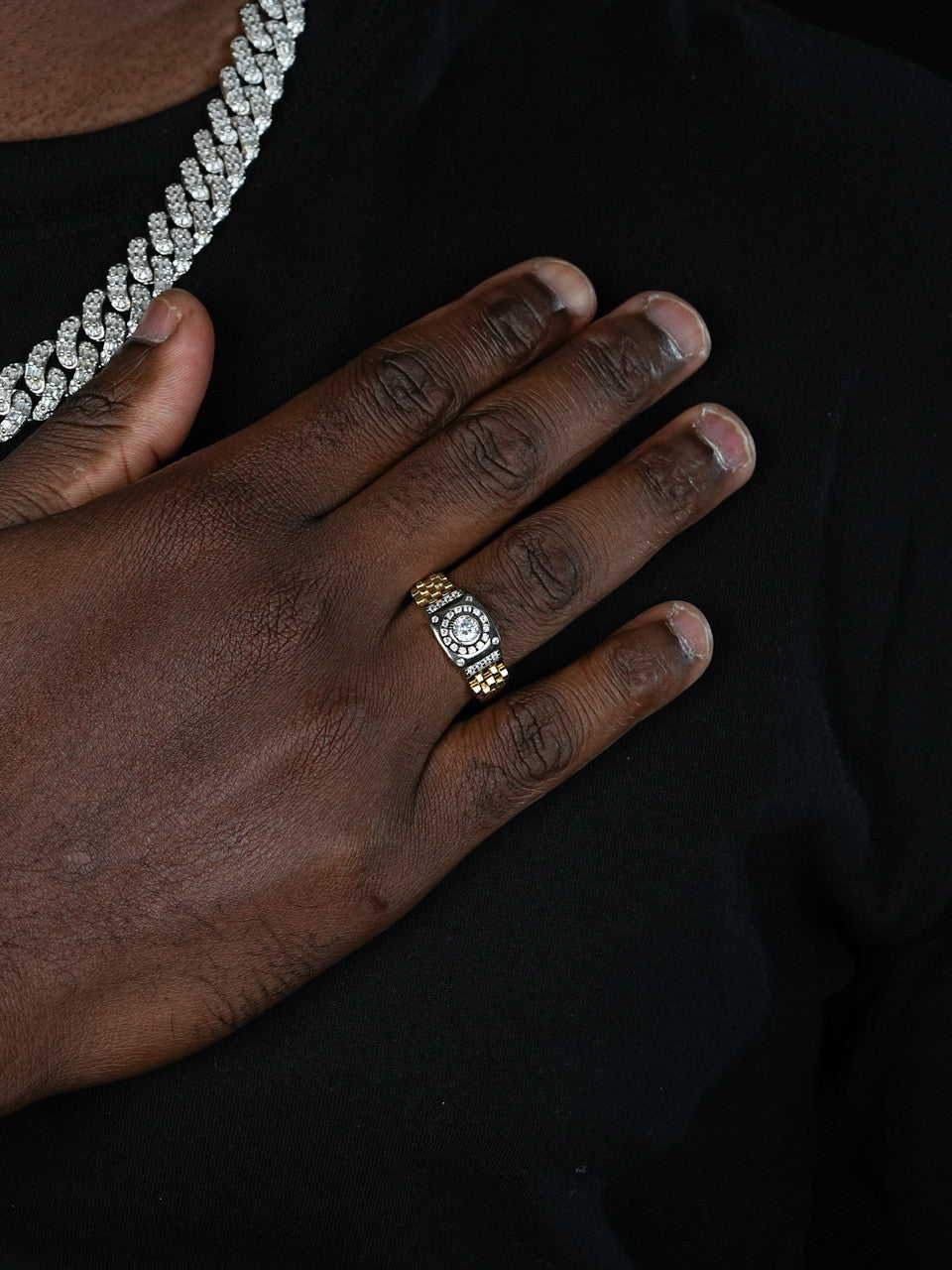 Flexible Rolex Band Ring - 14k Gold Vermeil 925 Silver Two Tone - CZ Stones