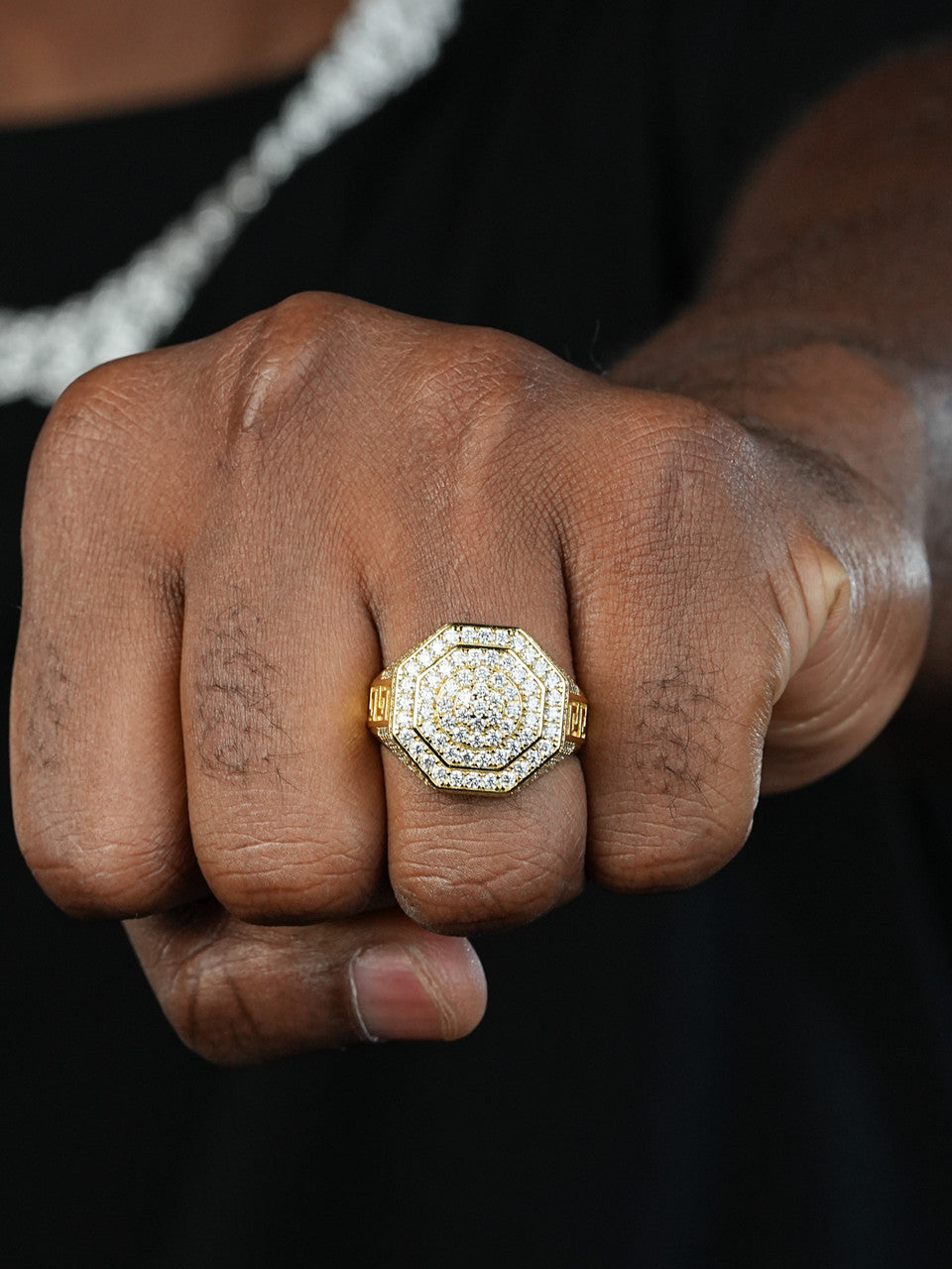 Octagonal Greek Gods Iced Out Ring - 14k Gold Vermeil 925 Silver - CZ Stones