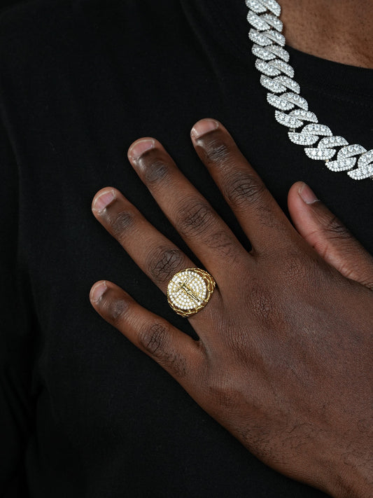 Moissanite Jesus On Cross Nugget Ring - 14k Gold Vermeil 925 Silver