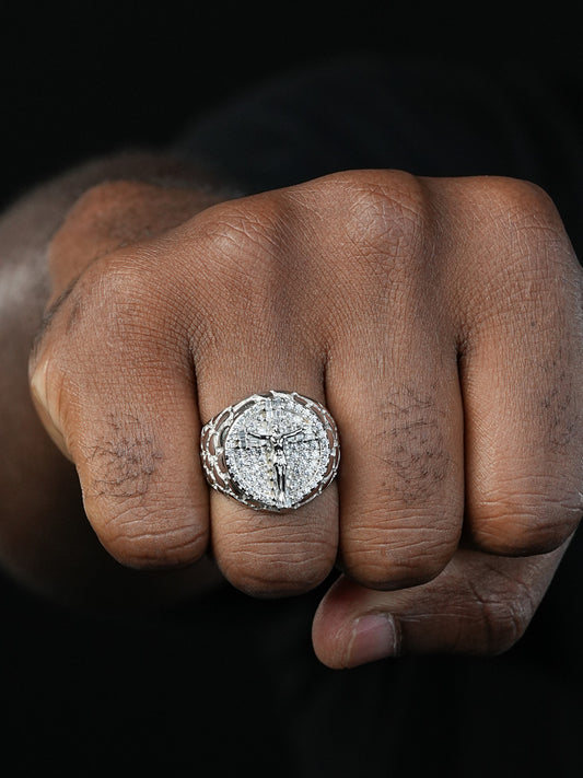 Jesus On Cross Nugget Ring - 925 Silver - CZ Stones