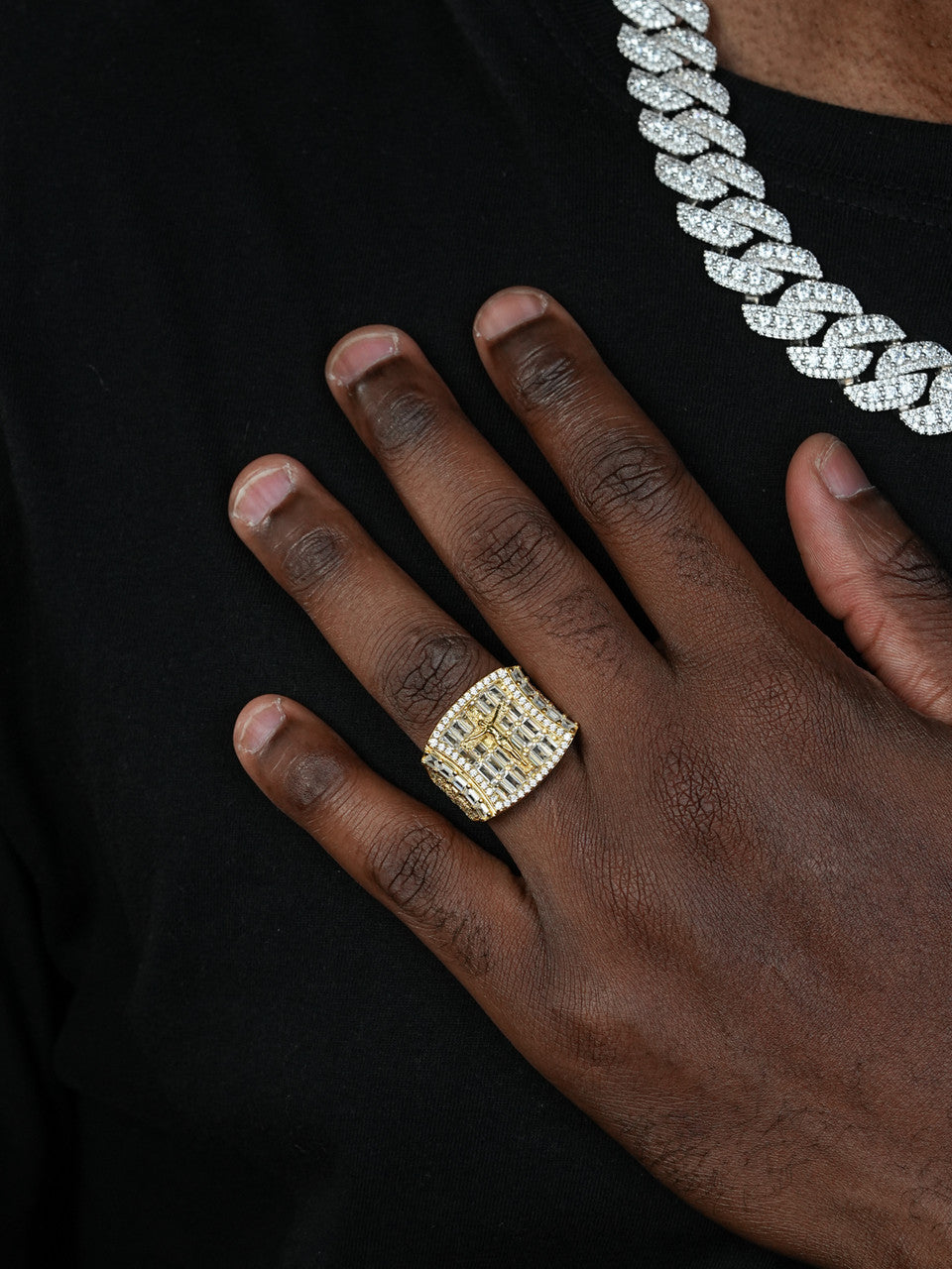 Jesus On Cross Iced Out Baguette Ring - 14k Gold Vermeil 925 Silver - CZ Stones