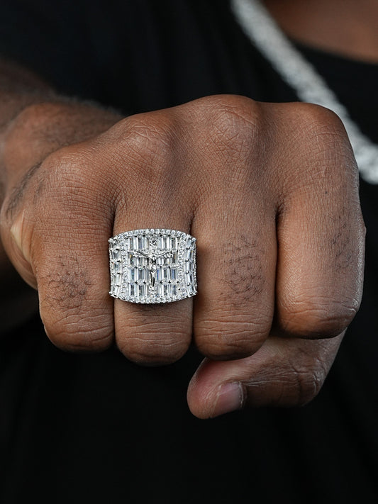 Jesus On Cross Iced Out Baguette Ring - 925 Silver - CZ Stones