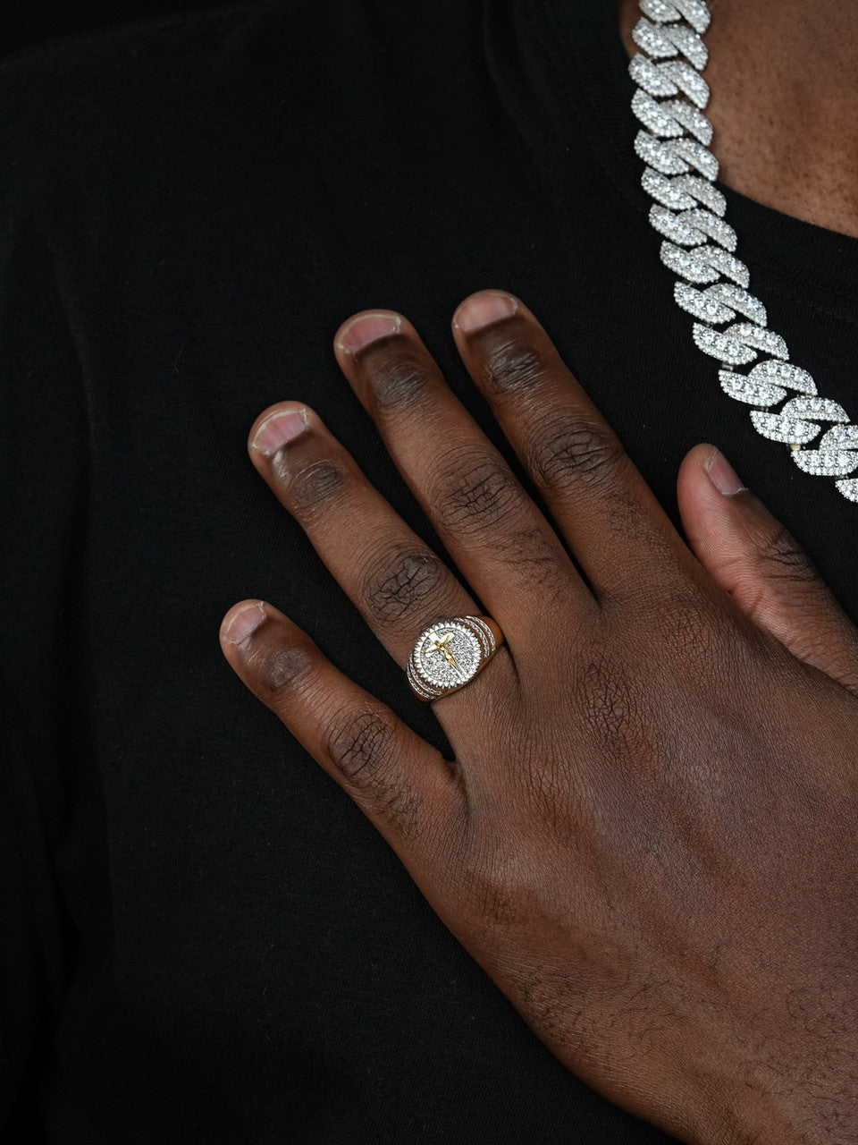 Cross Coin Ring - 925 Silver & Gold Accent  - CZ Stones