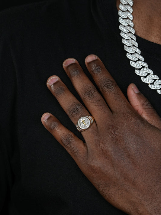 Cross Coin Ring - 925 Silver & Gold Accent  - CZ Stones