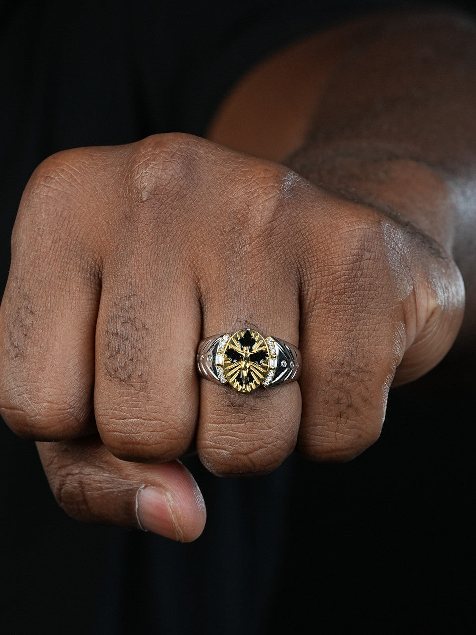 Venetian Jesus On Cross Ring - 925 Silver & Gold Accent  - CZ Stones