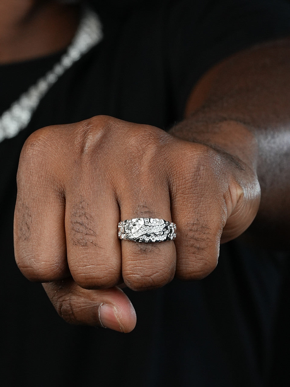 Mens REAL Solid 925 Silver Nugget Band Ring Iced Moissanite Pass