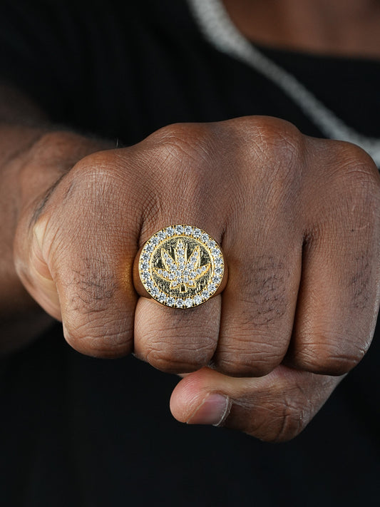 420 Love Of The Plant Iced Out Ring - 14k Gold Vermeil 925 Silver - CZ Stones